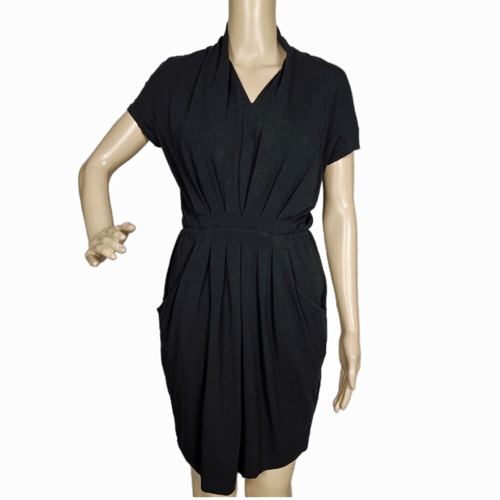 Theory Korly Black Pleated V Neck Cocoon Dress Cap Sleeve Size P / TP - Pockets